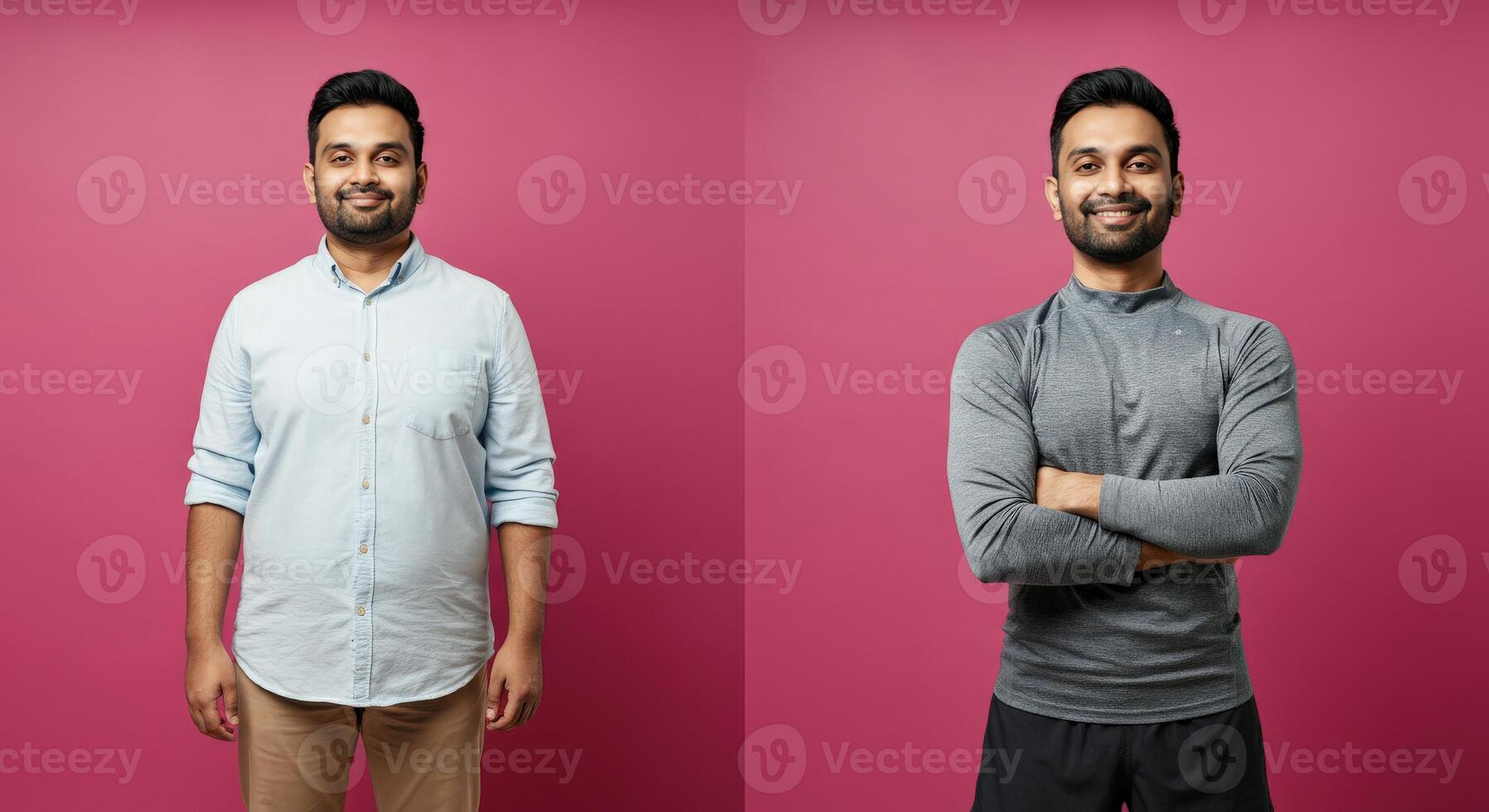 Transformation journey of young south asian man on pink background for fitness and lifestyle design photo