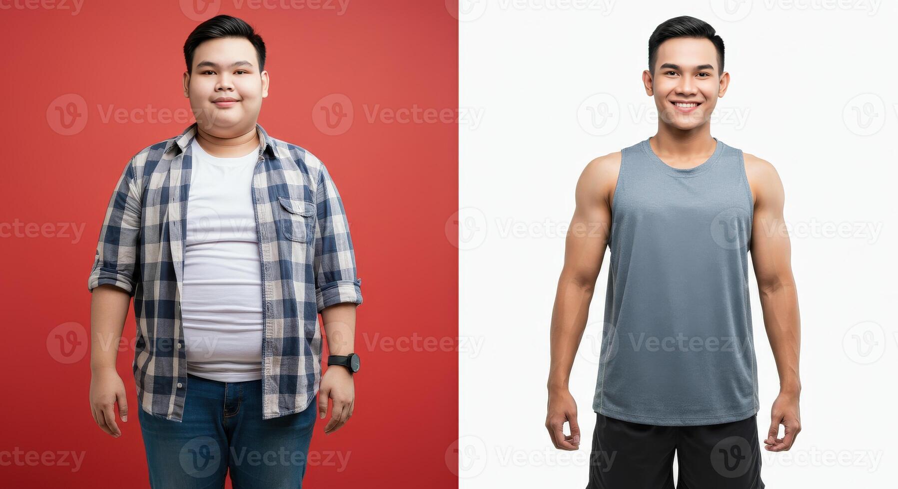 Journey of transformation. asian male fitness progress with before and after images for motivation photo