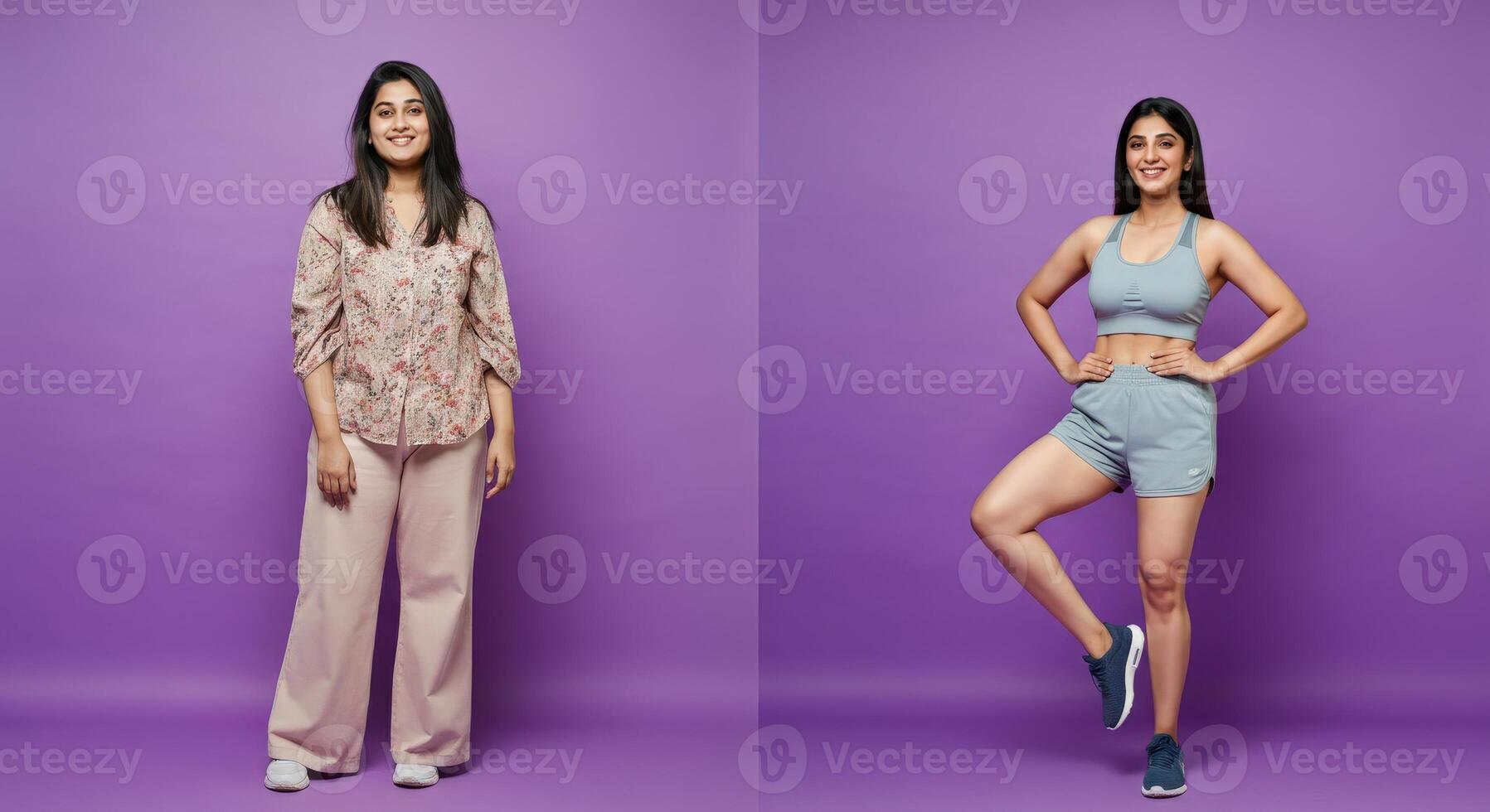 Transformation journey of young indian woman from casual to fitness attire for health and wellness inspiration photo