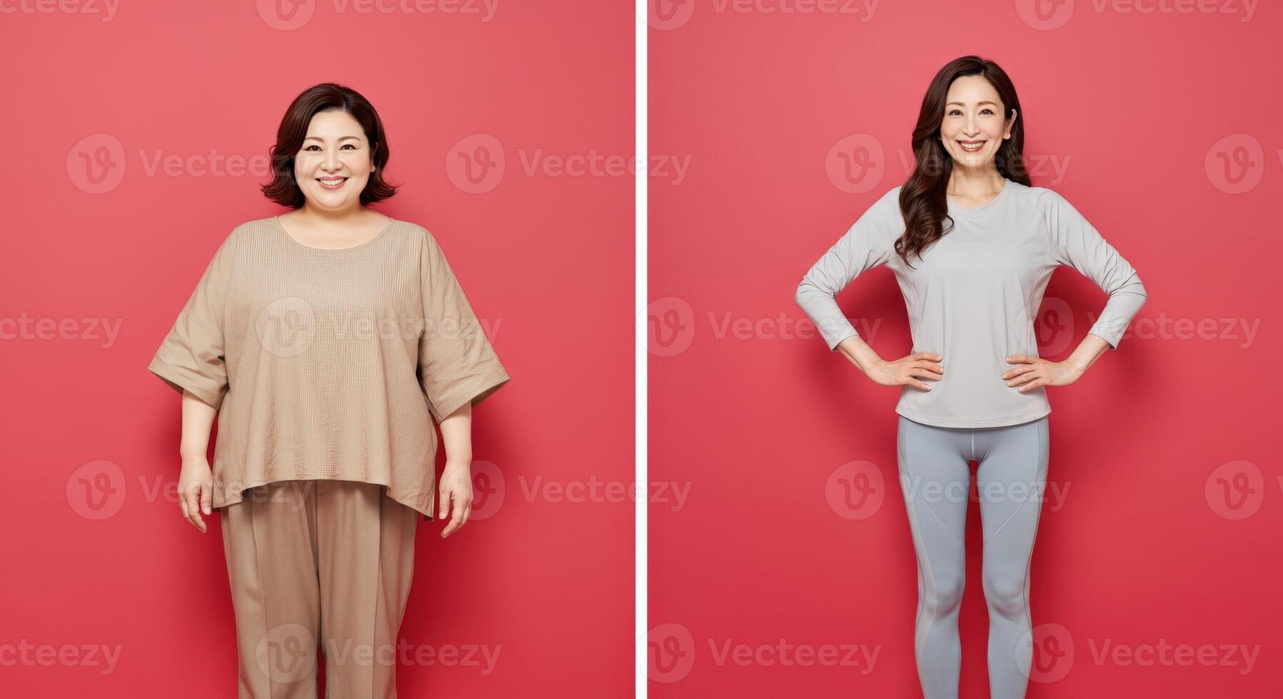 Asian female transformation journey highlighting fitness and confidence on vibrant red background photo