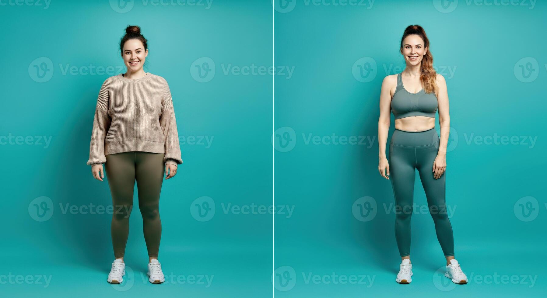 Transformation journey of a young caucasian woman in fitness attire for motivation and wellness photo