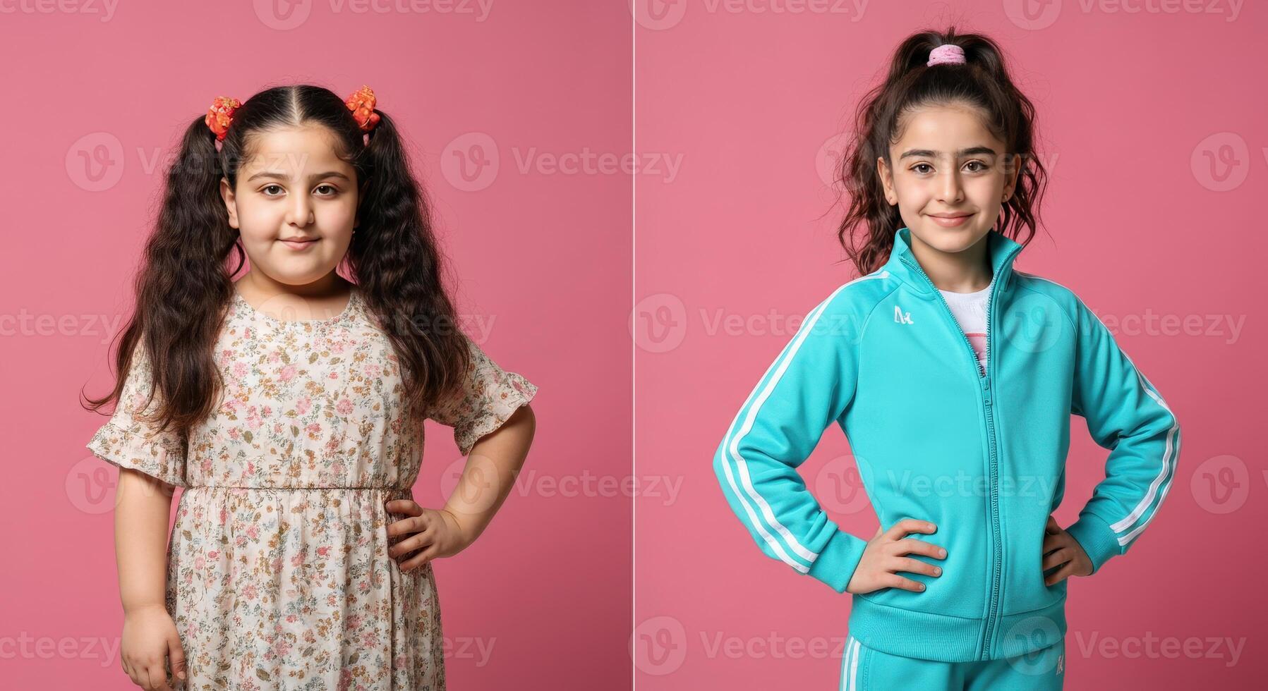 Cheerful young girls on pink background in floral dress and sportswear for lifestyle and fashion photo