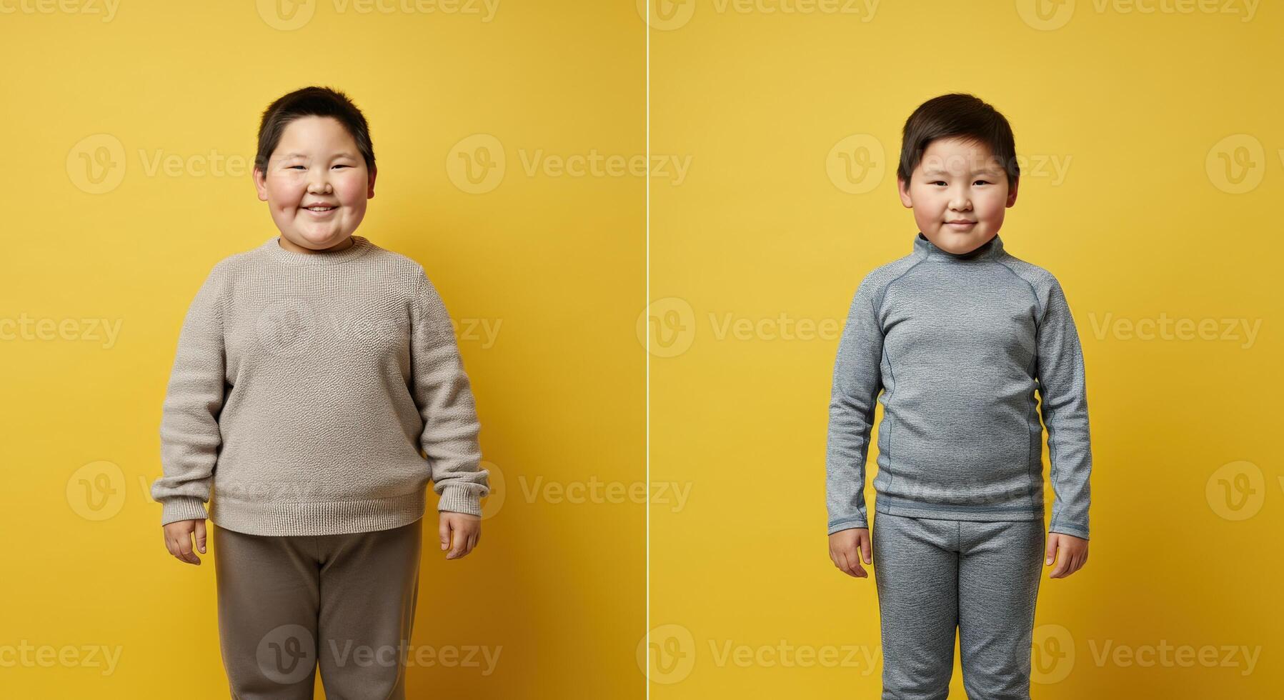 Portrait of two young asian boys in casual clothing against yellow background photo