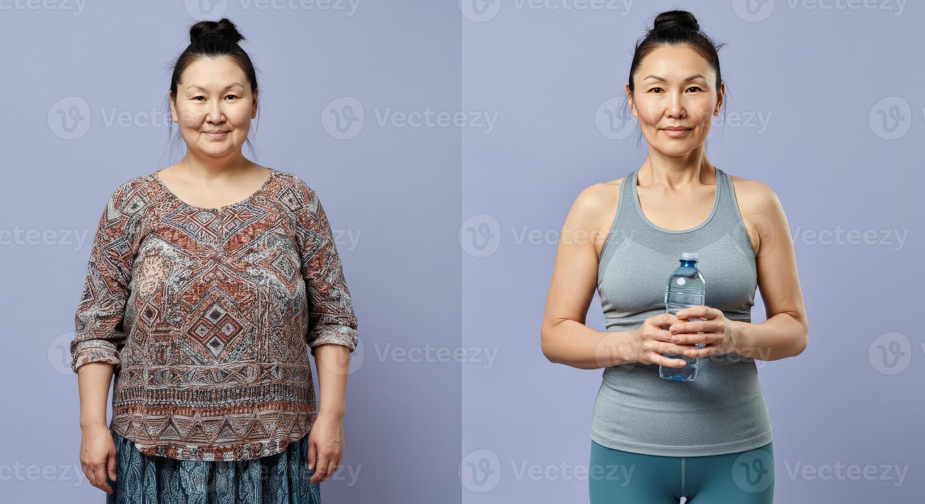 Transformation journey of asian woman from casual to fitness attire for healthy lifestyle motivation photo