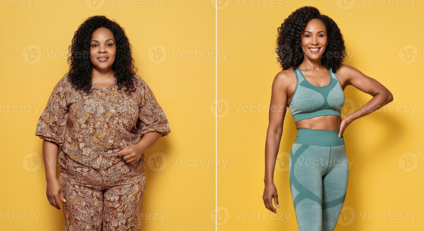 Transformation journey of an african american woman embracing fitness and wellness on a vibrant yellow background photo