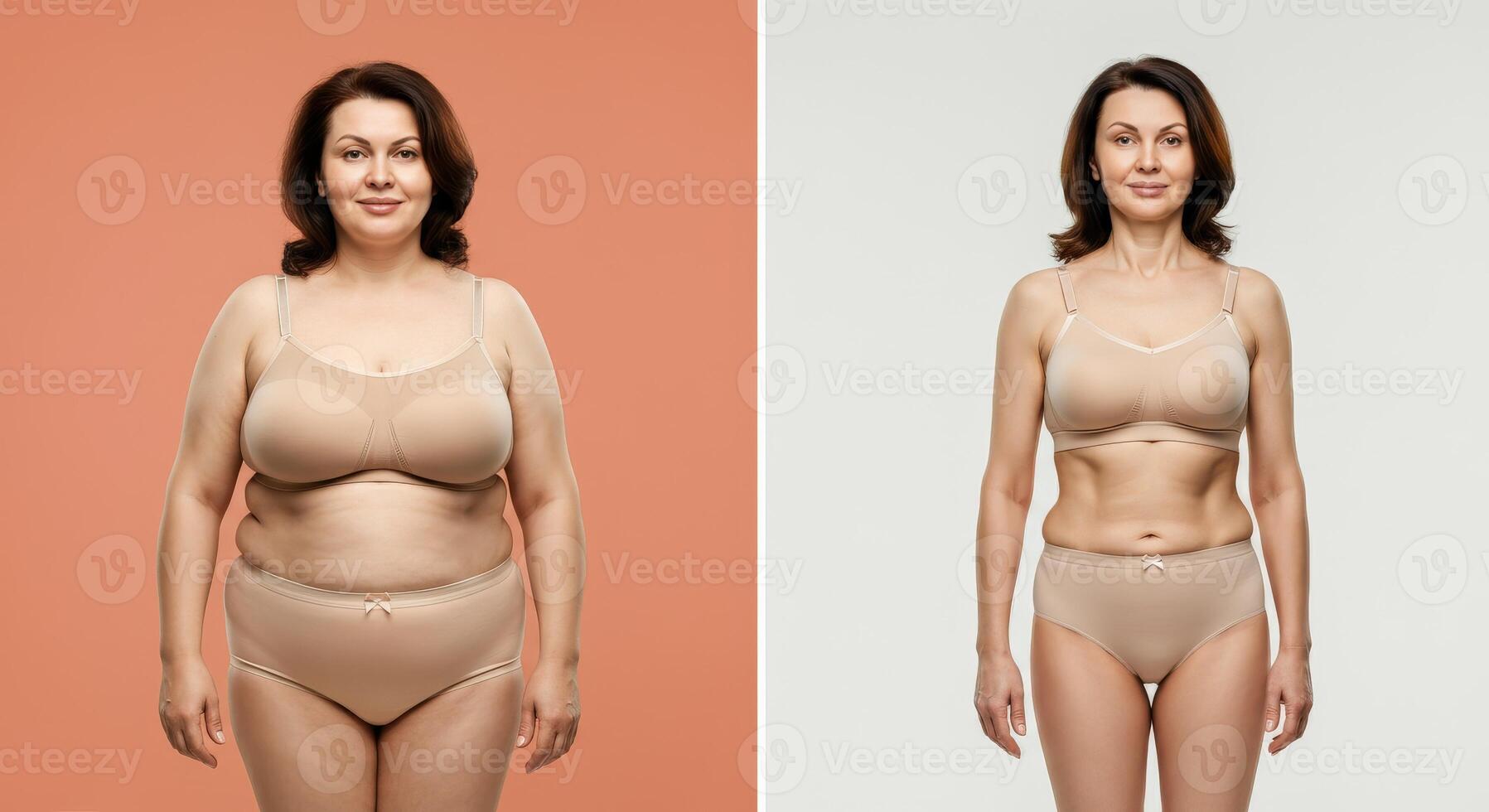 Transformation journey of middle-aged caucasian female with weight loss progress shown in comparison photo