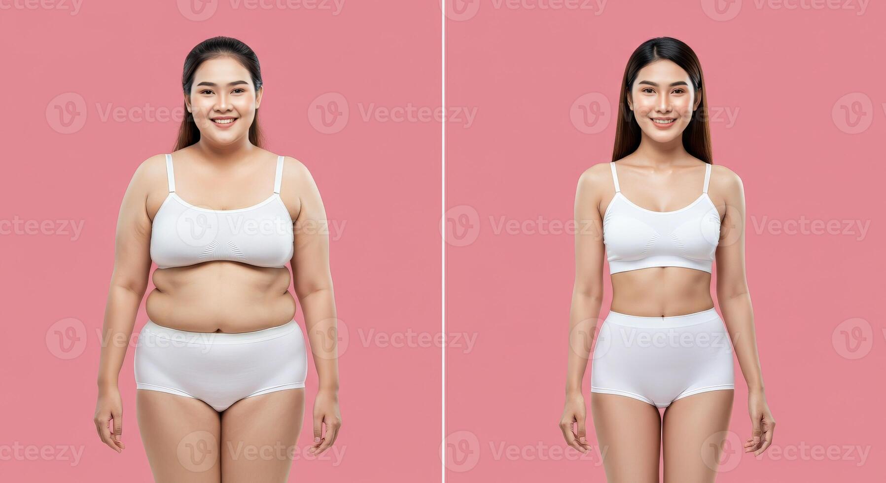 Asian female transformation before and after weight loss on pink background for health promotion photo