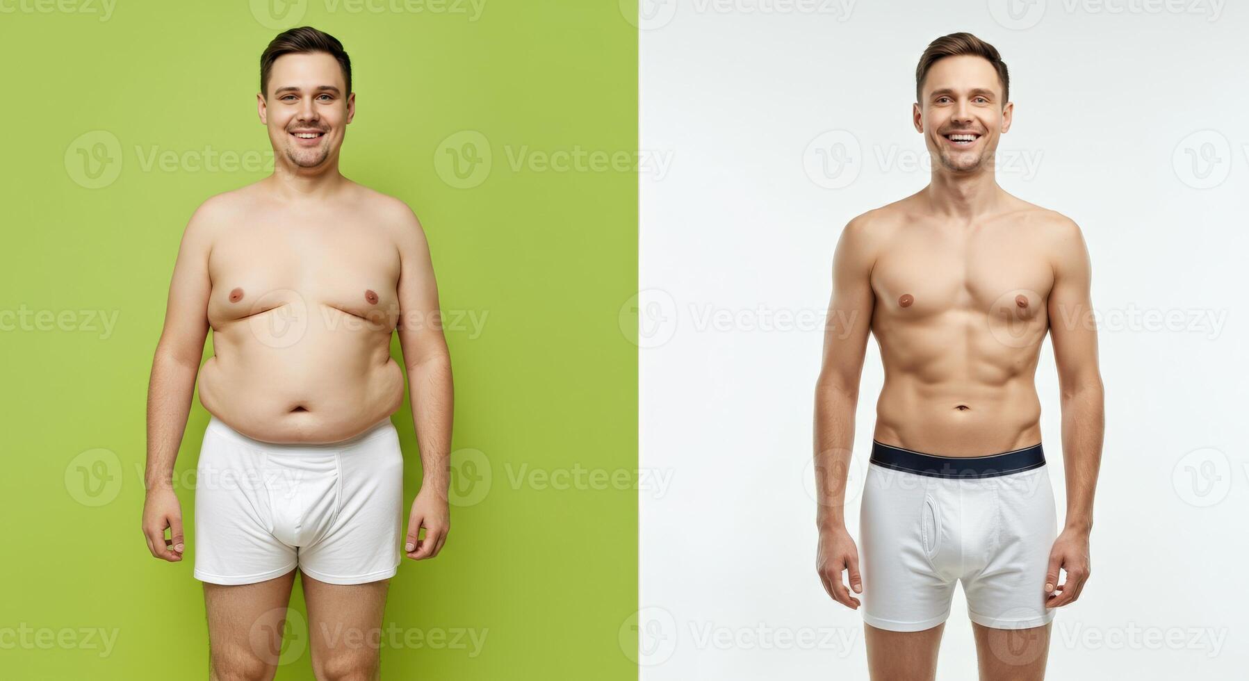 Transformation journey of young caucasian male from overweight to fit for health and wellness motivation photo