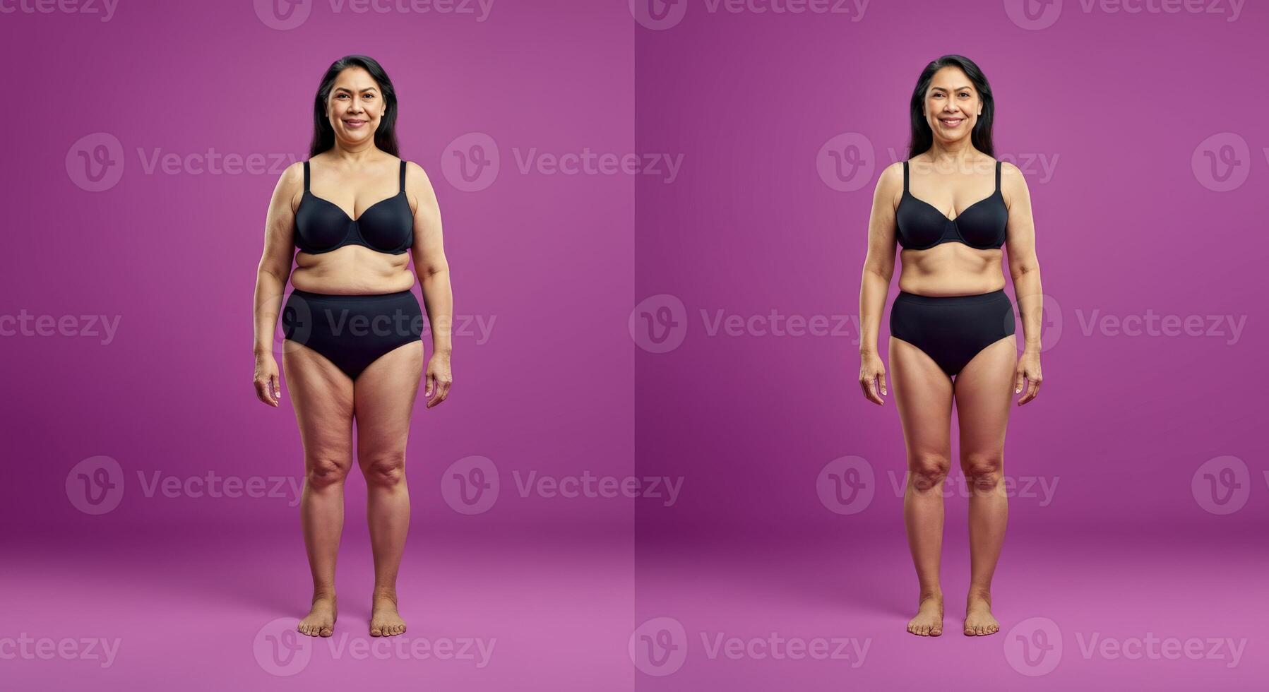 Transformation journey of mature hispanic woman in black lingerie on vibrant purple background photo