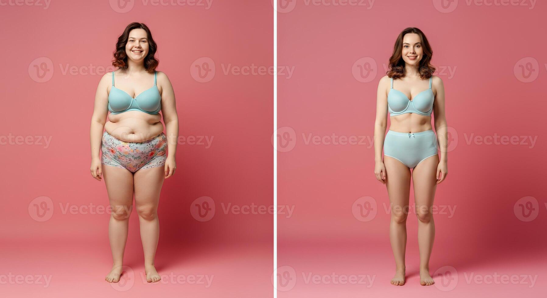 Female weight loss journey concept with caucasian model on pink background photo