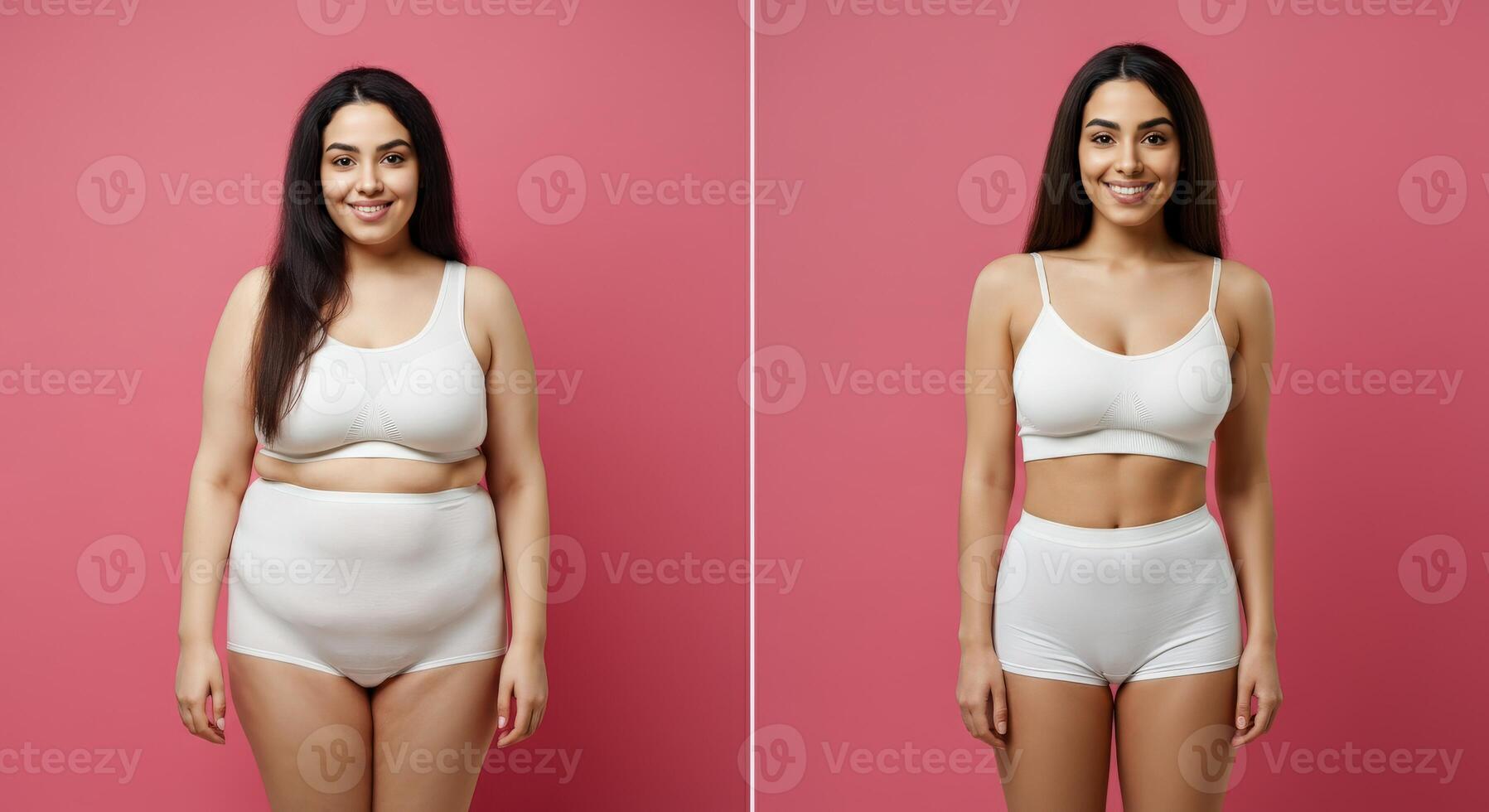 Transformation journey of young south asian woman in white activewear on pink background photo