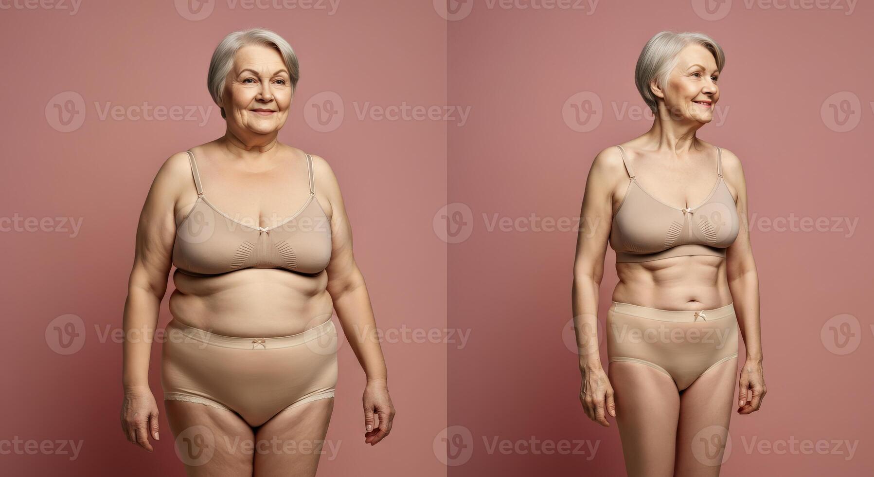 Confident mature caucasian woman in natural lingerie on pink background for body positivity and self-acceptance photo