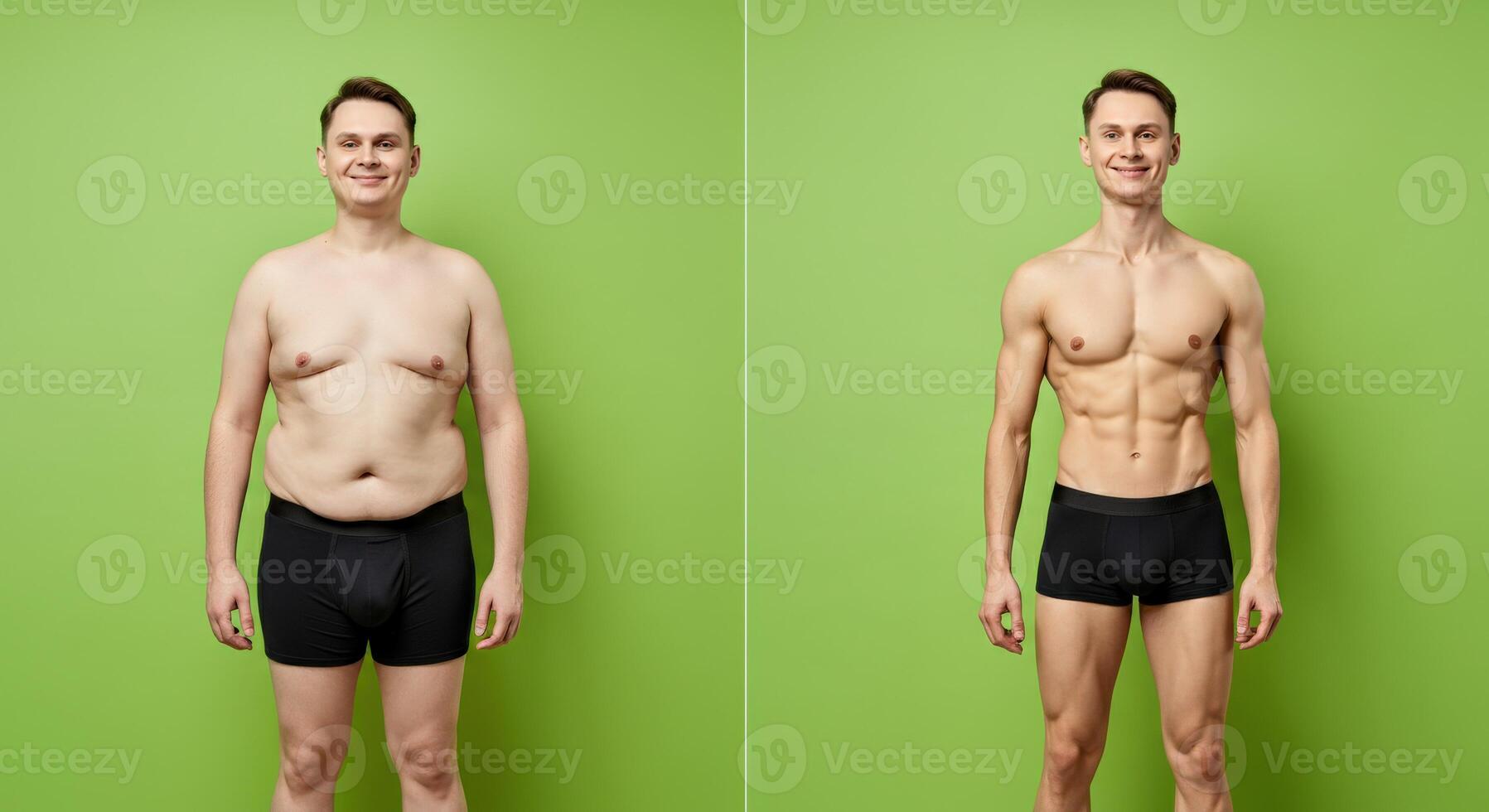 Body transformation journey of a caucasian male adult on green background for fitness motivation photo