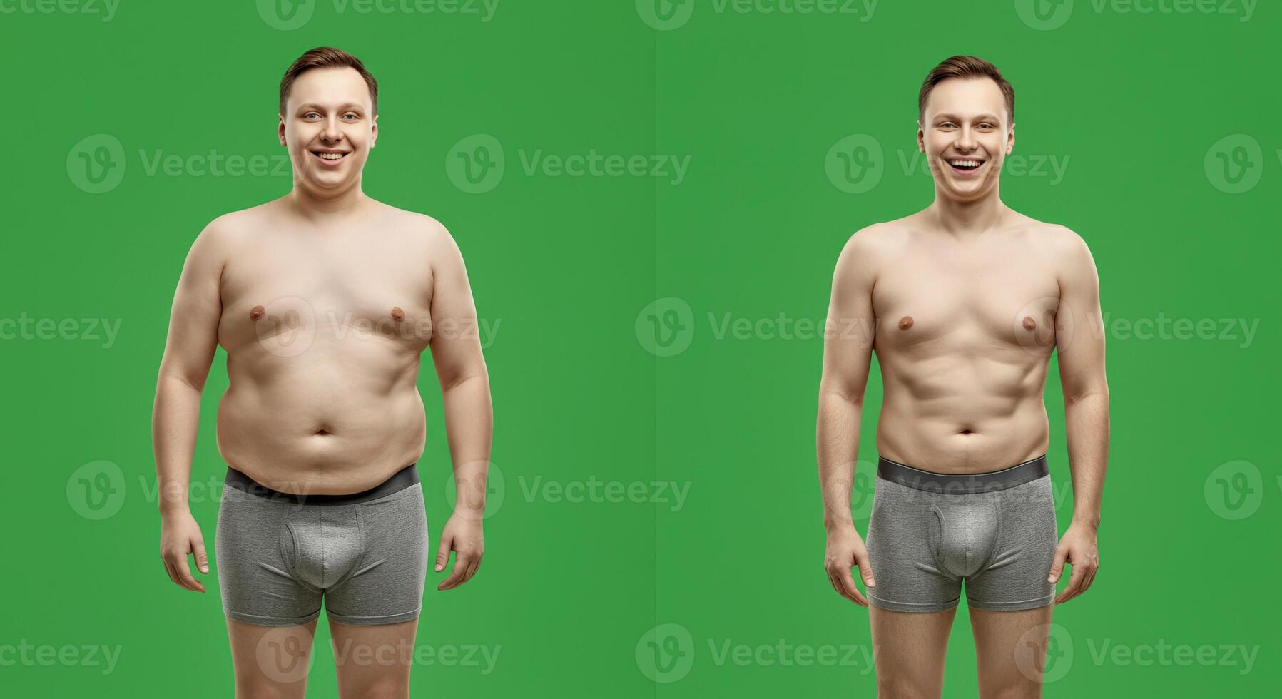 Transformation journey. young caucasian male fitness progress on green background photo