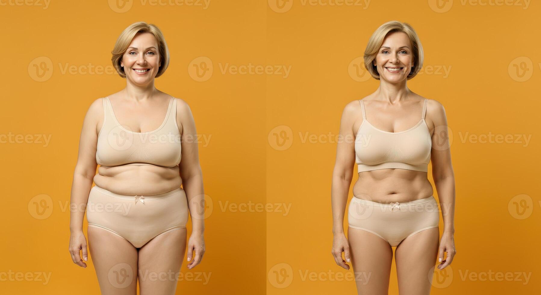 Transformation of mature caucasian woman in lingerie against orange background for fitness and wellness concepts photo