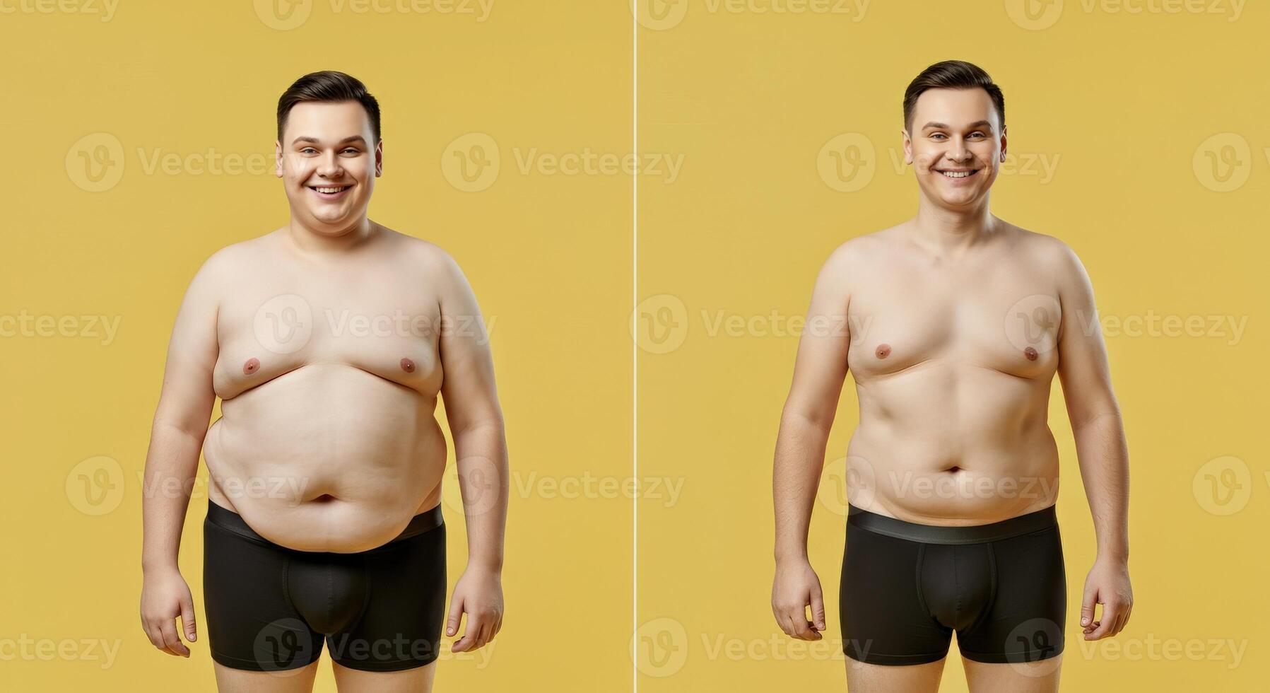 Weight loss transformation of young caucasian male against yellow background photo