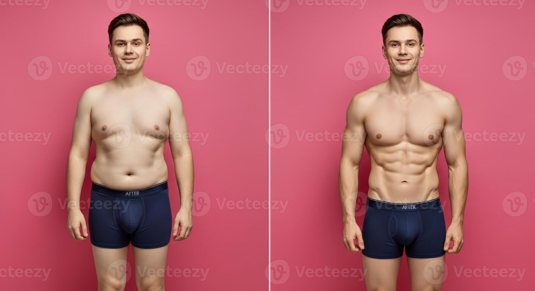 Male transformation before and after weight loss on pink background photo