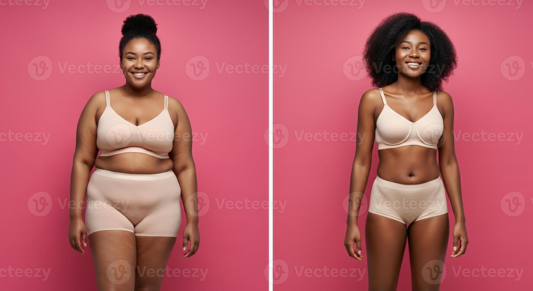 Confident young african females in skin tone lingerie against pink backdrop for body positivity and diversity photo