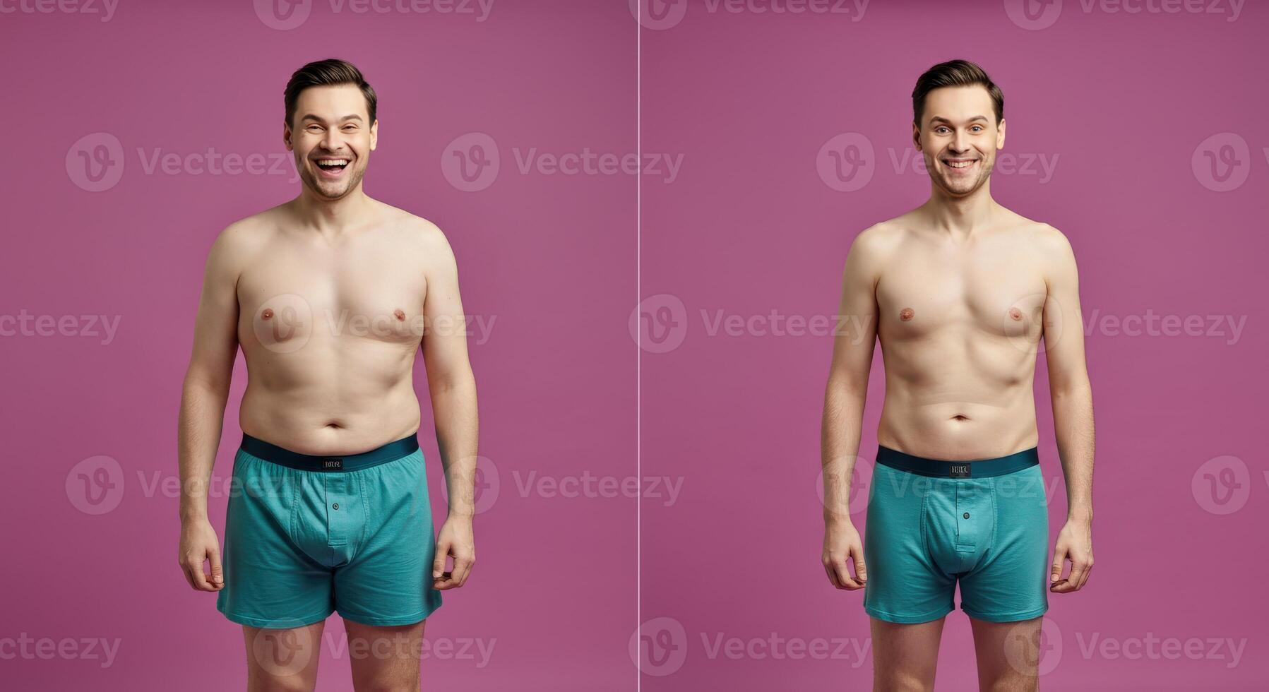 Male body transformation with fitness progress in before and after photographs photo