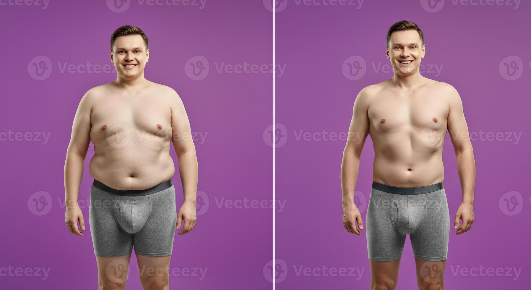Transformation journey of a young caucasian male showing weight loss before and after photo