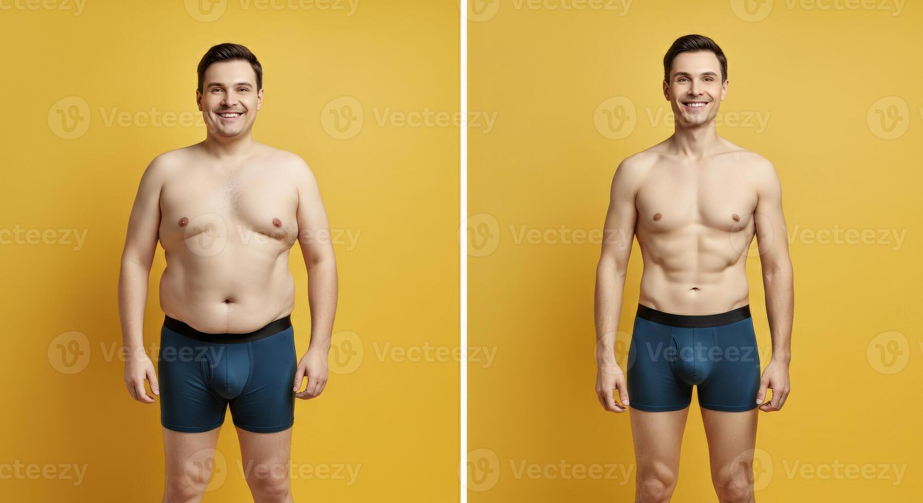 Male weight transformation showing before and after fitness progress against yellow background photo