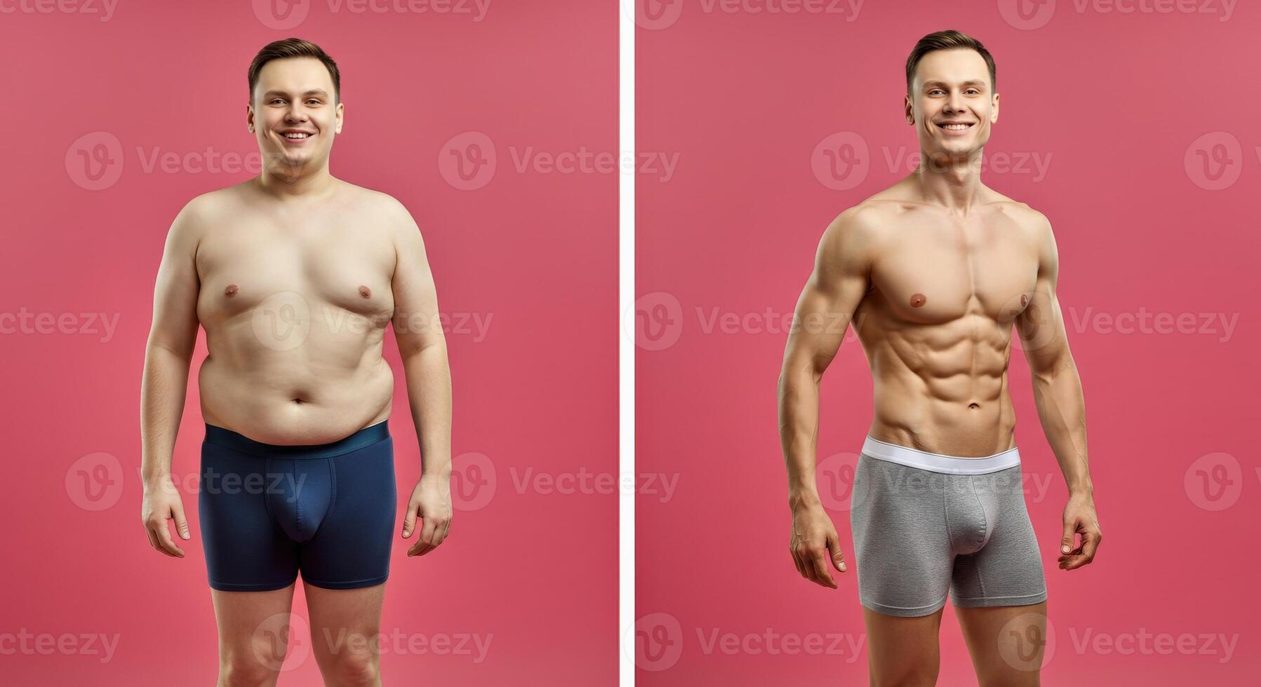 Transformation journey of young caucasian male showing fitness progress on pink background for motivation photo