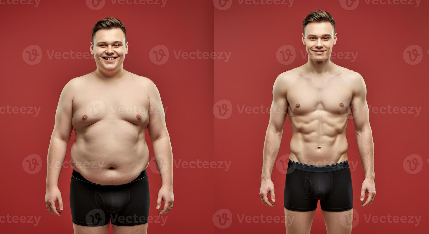 Transformation journey of caucasian male from overweight to fit on red background photo