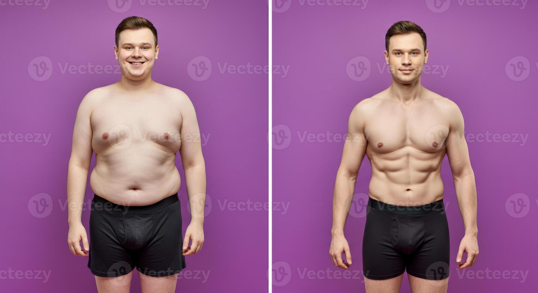 Body transformation of young caucasian males showcasing weight loss progress for fitness motivation and health photo