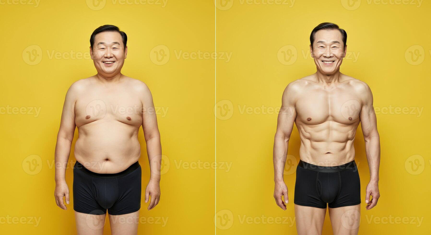 Transformation journey of asian mature male with fitness progress and muscle development photo