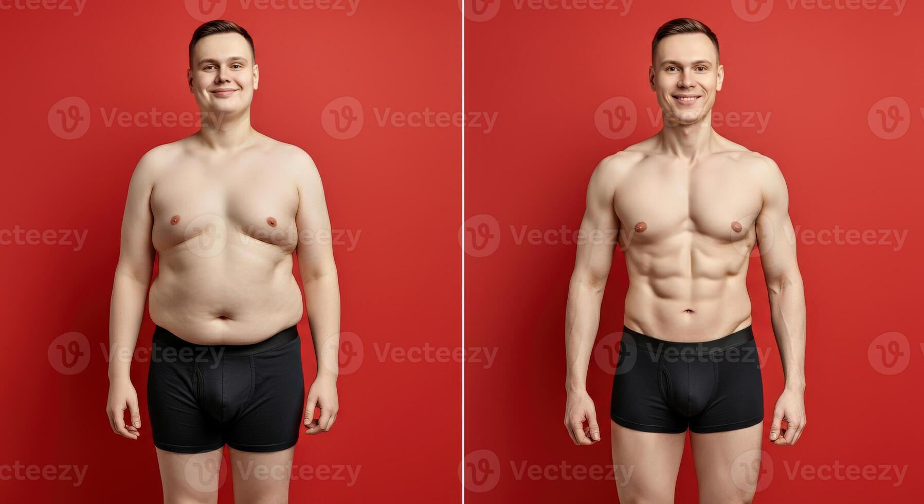 Transformation journey of young caucasian male before and after fitness regimen photo