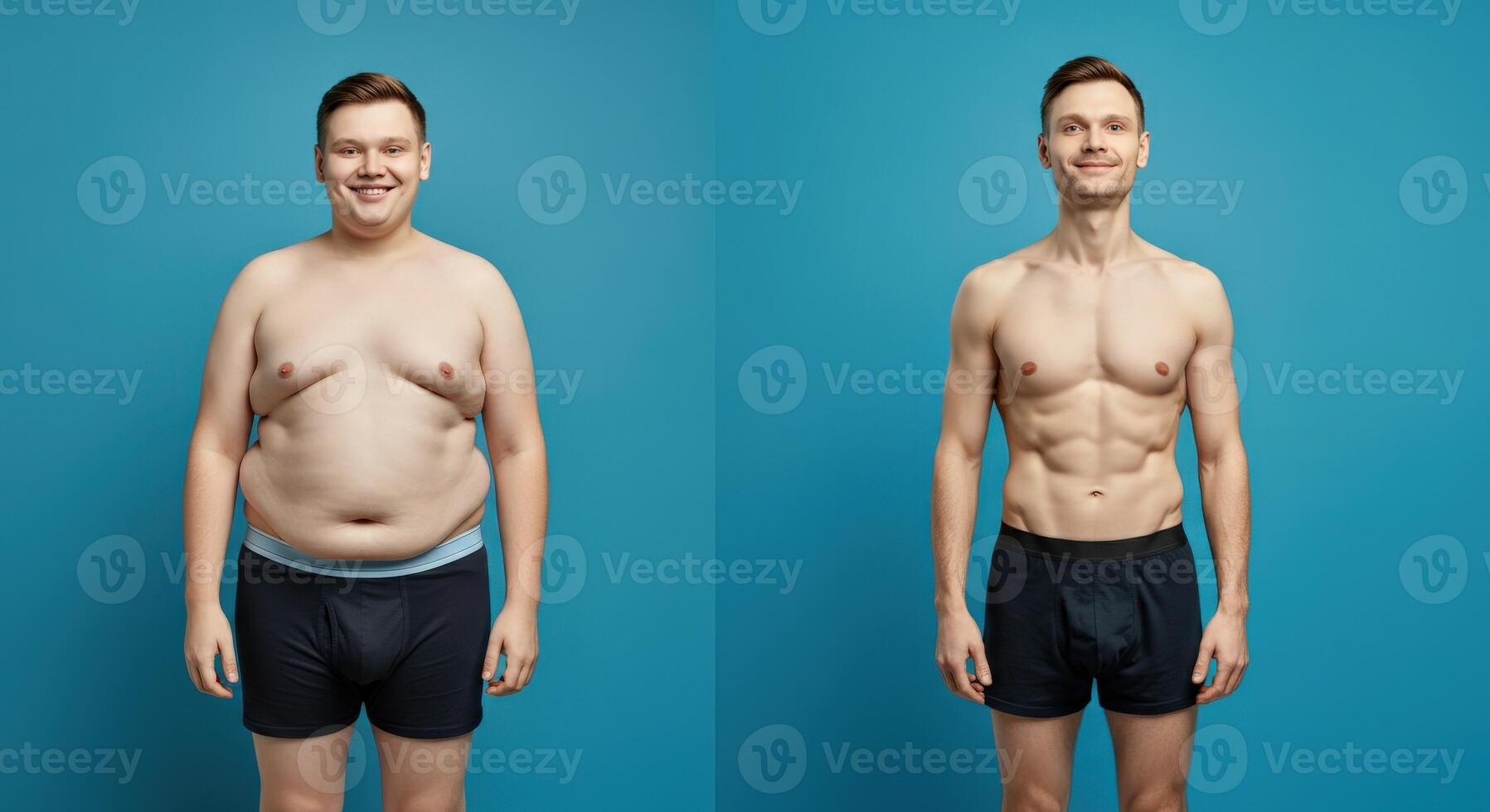 Transformation journey of young caucasian male from overweight to fit on blue background photo