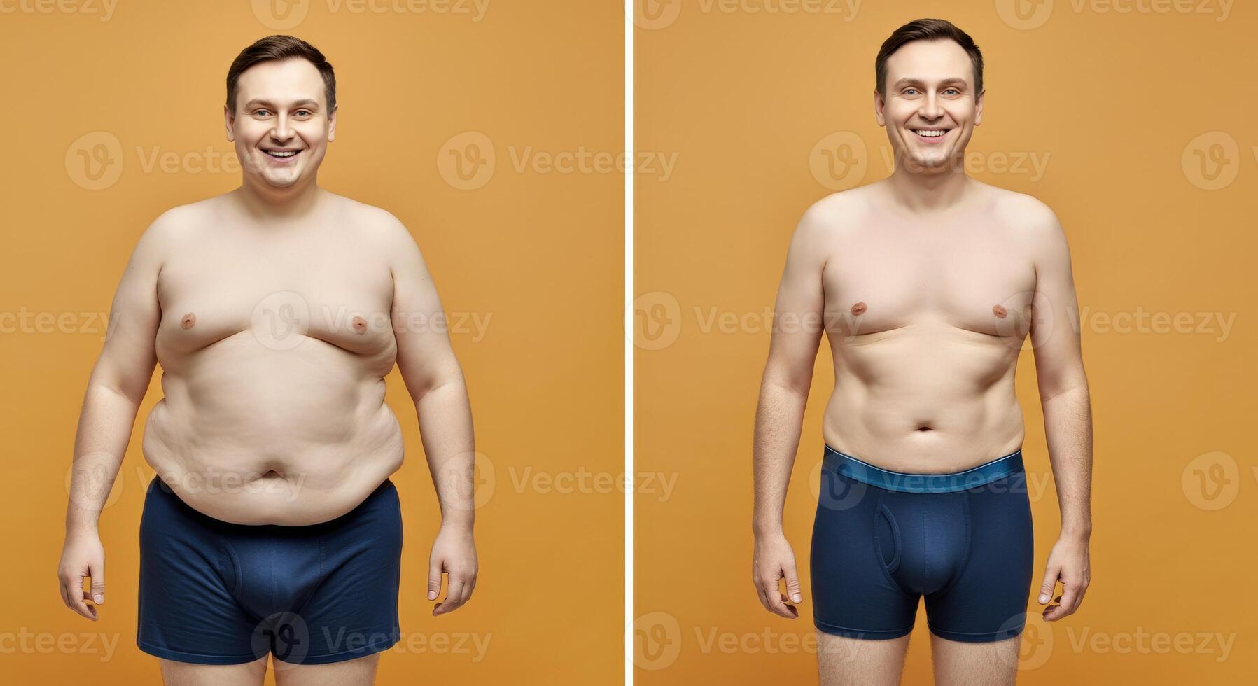 Transformation journey of young caucasian male. weight loss and fitness progress photo