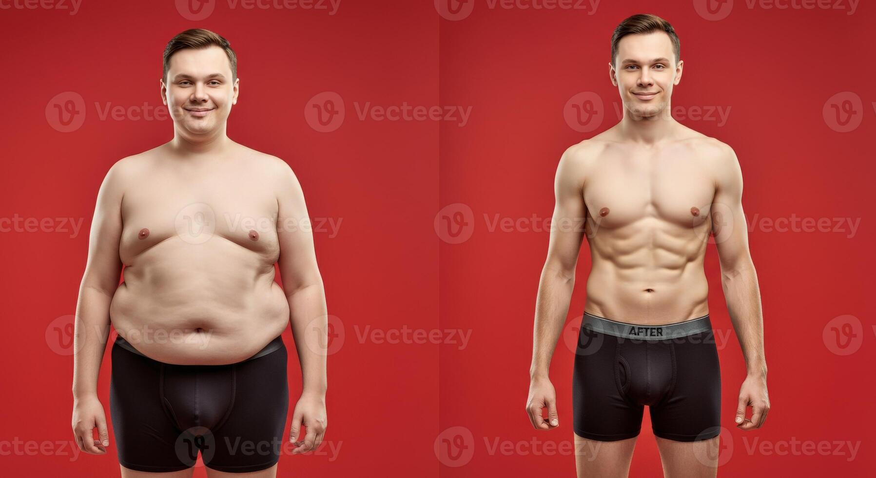 Transformation journey of young caucasian male with before and after fitness progress on red photo