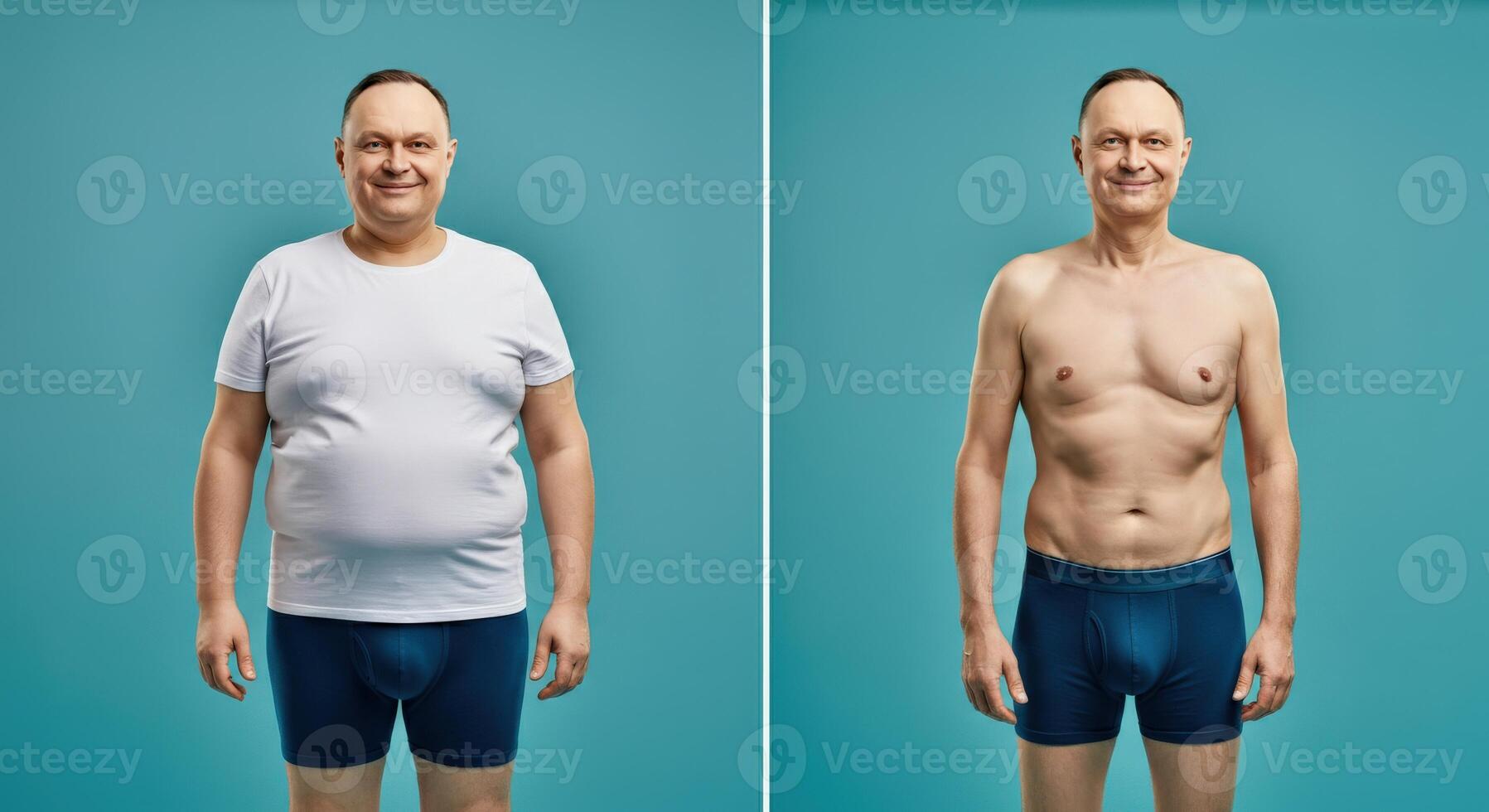 Caucasian male body transformation progress before after portrait on teal background for fitness motivation photo