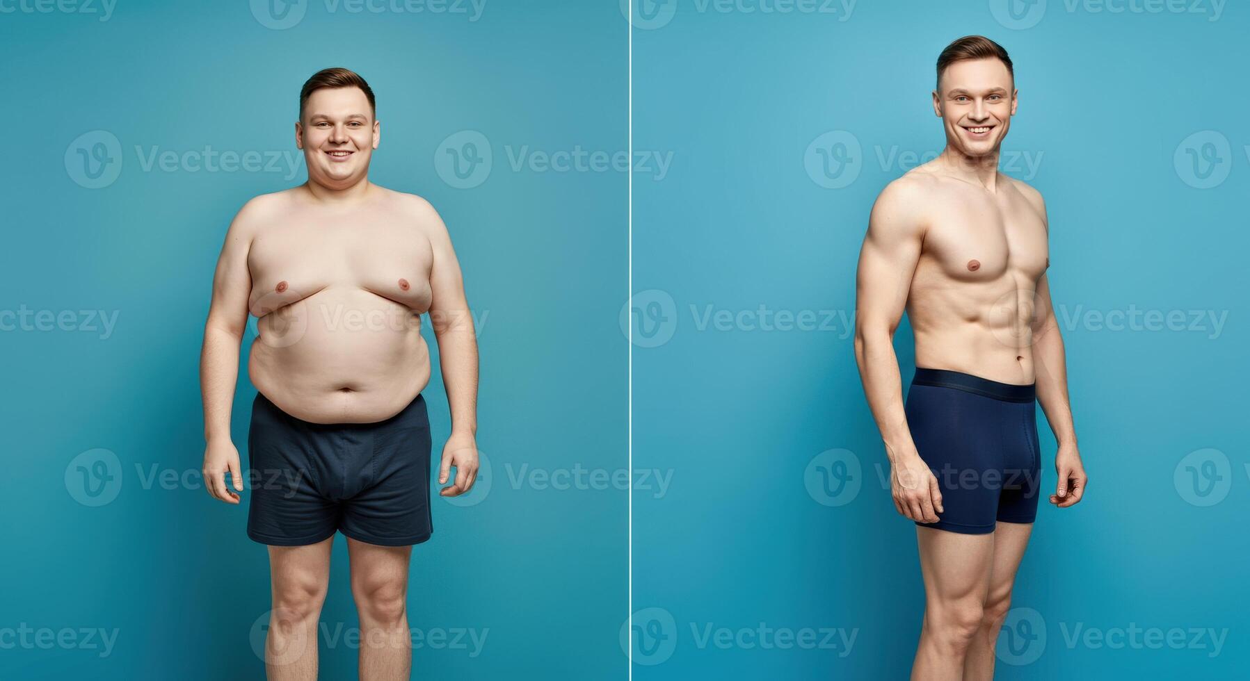 Male fitness transformation concept with before and after images on a blue background photo