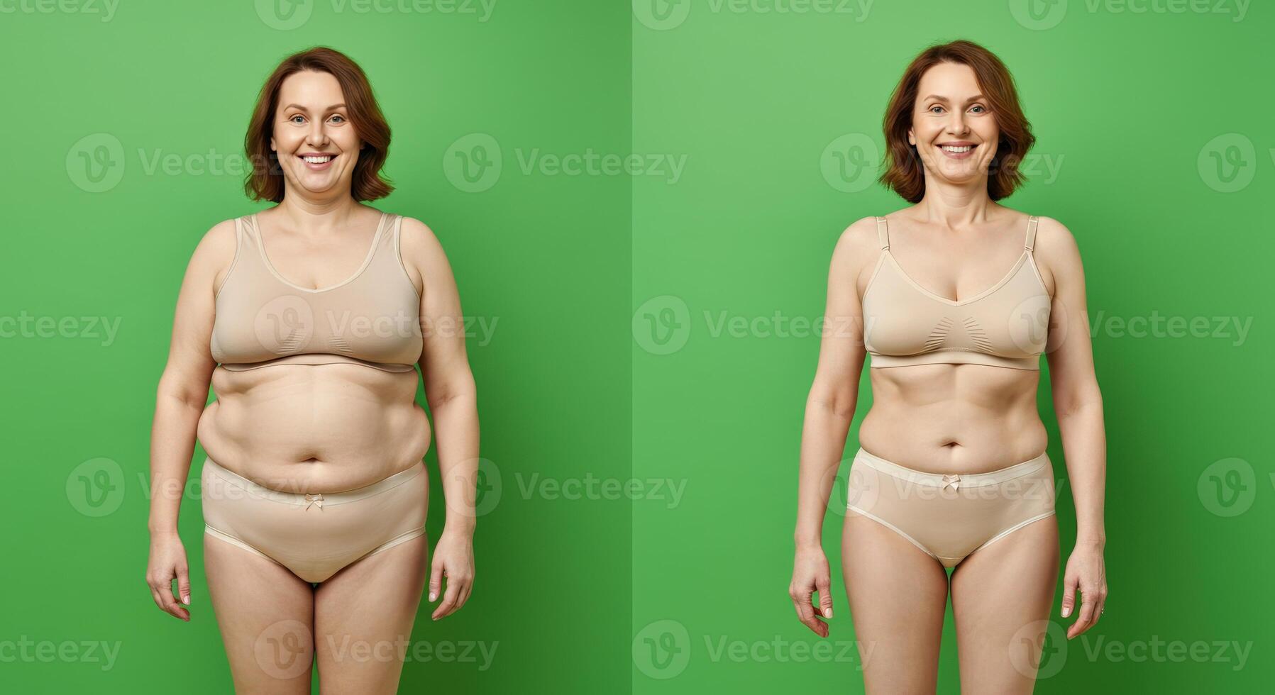 Transformation journey of a young caucasian female against green background for wellness inspiration photo