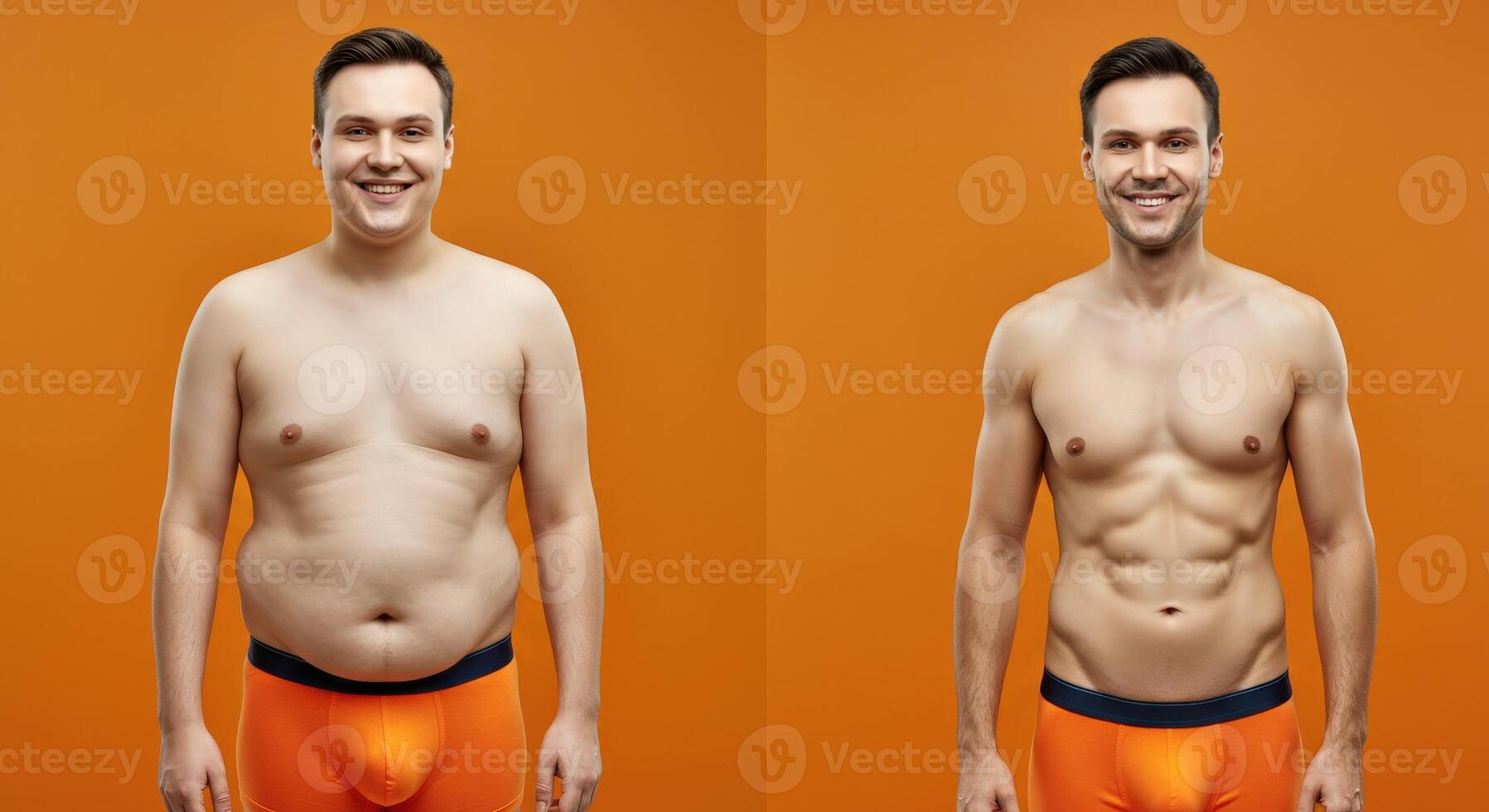 Male fitness transformation with weight loss and muscle gain on orange background photo