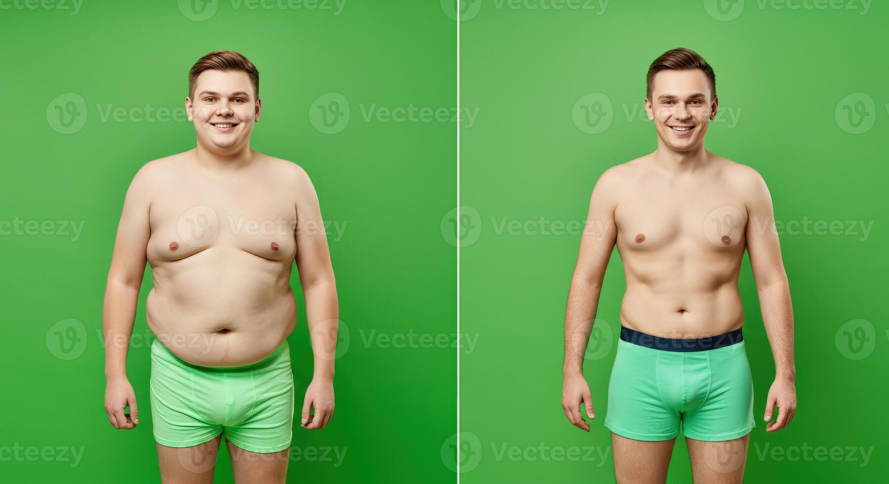 Transformation journey of young caucasian male in bright green underwear against solid green background photo