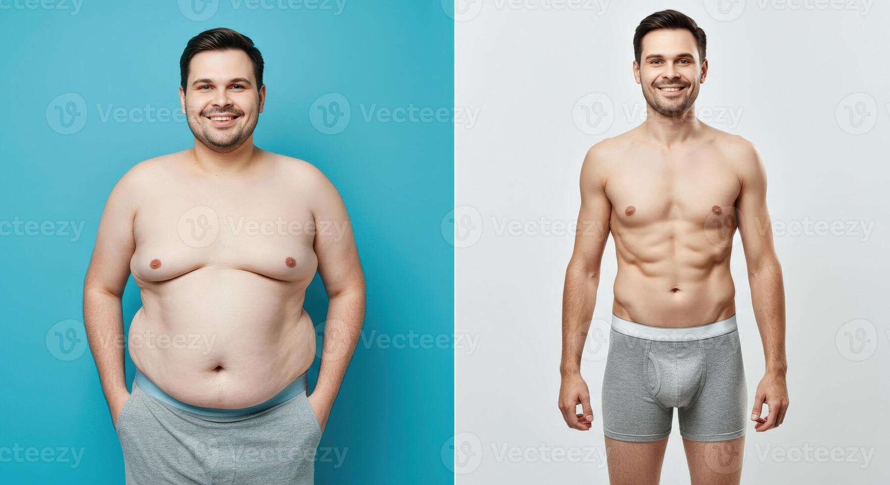 Before and after transformation of young caucasian male showing fitness progress photo