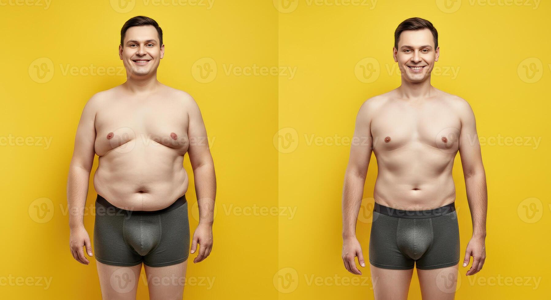 Before and after transformation of caucasian adult male on weight loss journey over yellow background photo