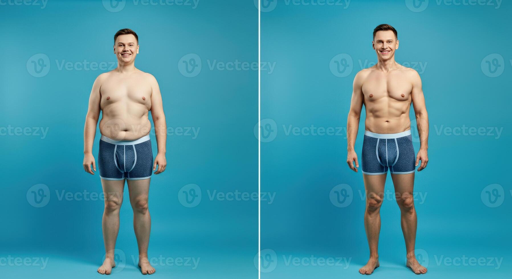 Weight loss transformation of young caucasian male in blue underwear for fitness and health motivation photo