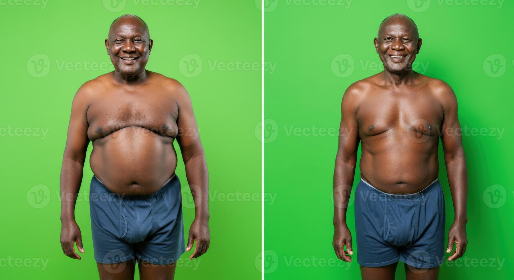 Transformation journey of mature african male on vibrant green background for health and fitness inspiration photo