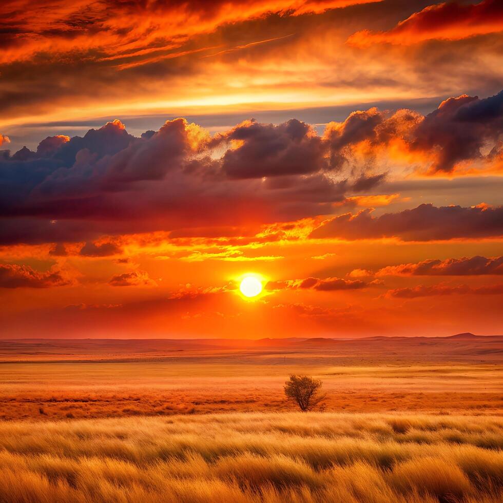 Stunning sunset over golden grass field with dramatic clouds in the sky photo
