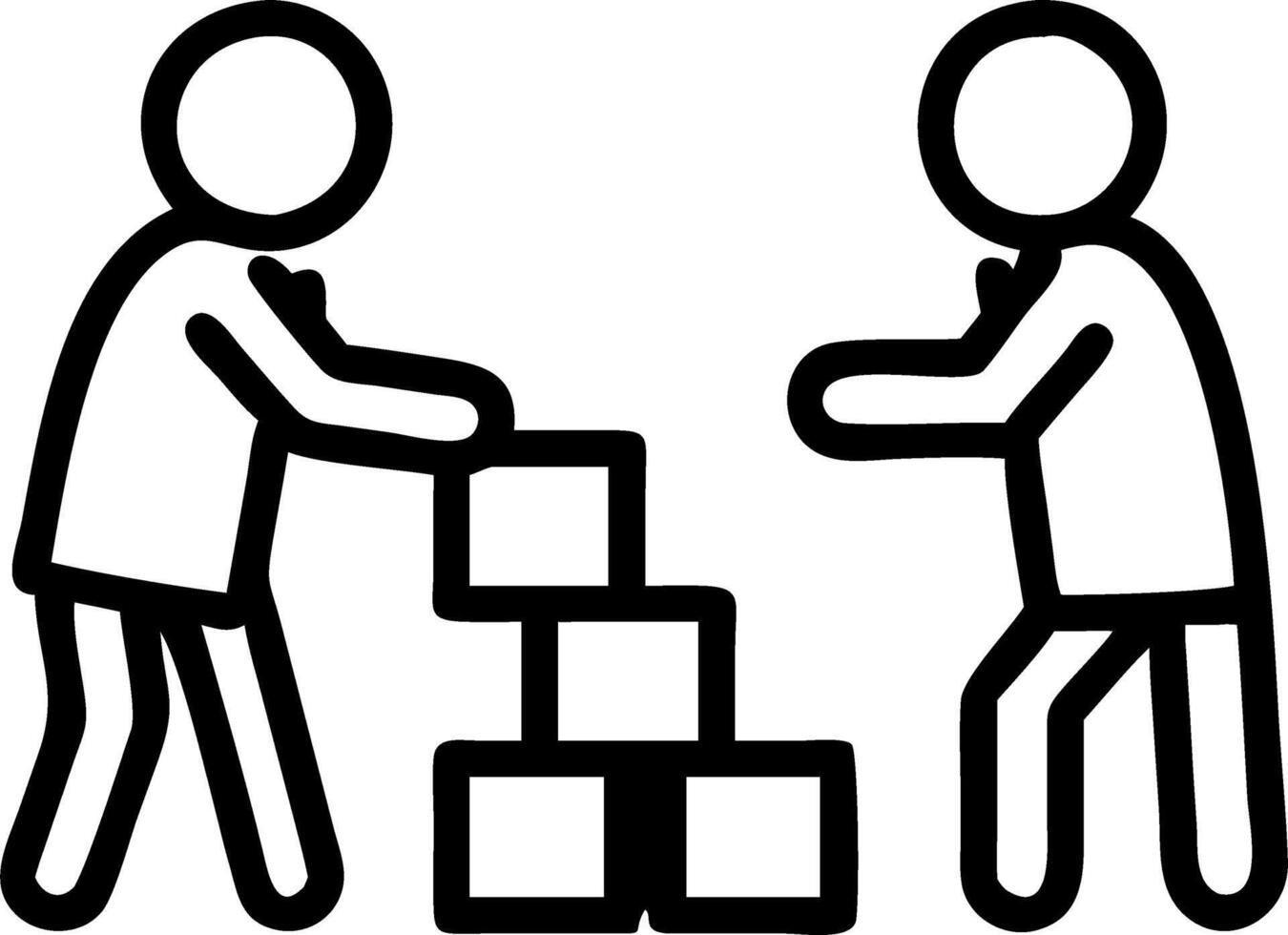 Two adorable kids acting as warehouse managers stacking building blocks in a modern storage area with plain background and copy space vector