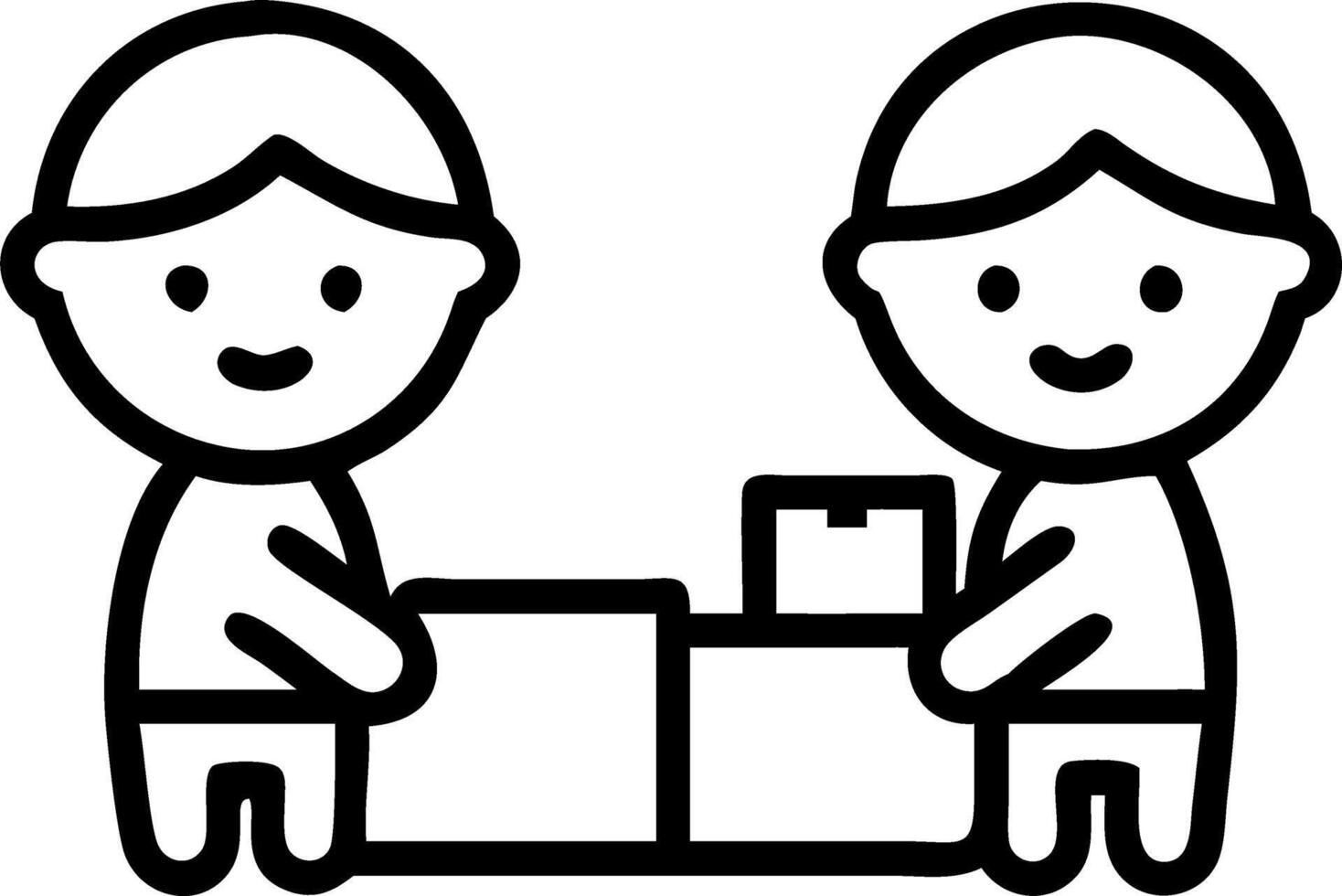 Two adorable kids dressed as delivery drivers organizing toy packages in a home playroom with glossy finish and copy space vector
