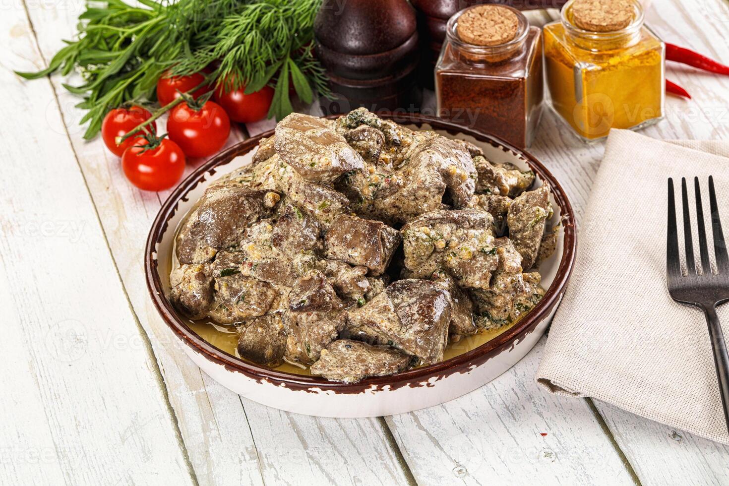 Roasted chicken liver with cream photo
