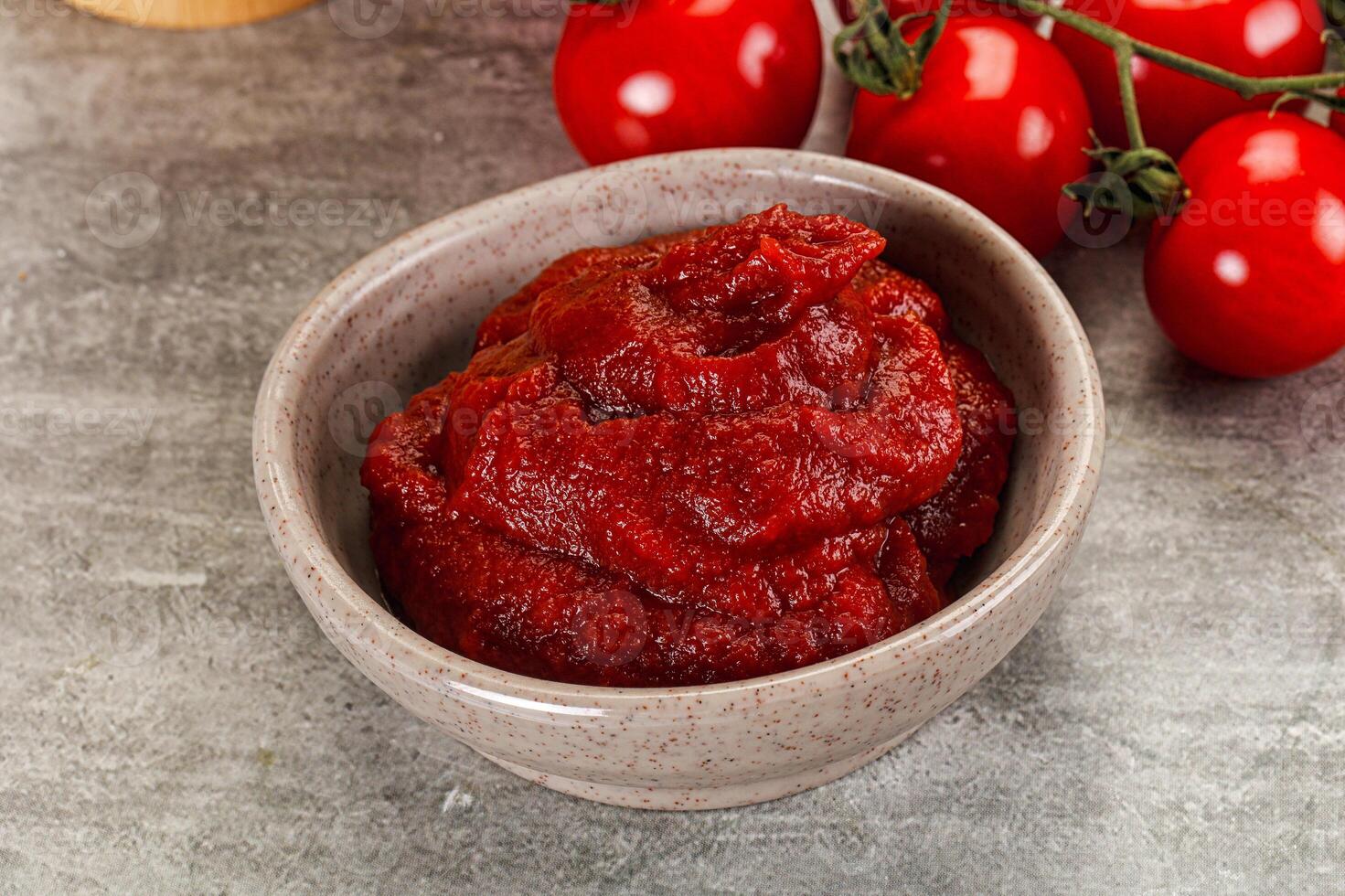 Red tomato paste in the bowl photo