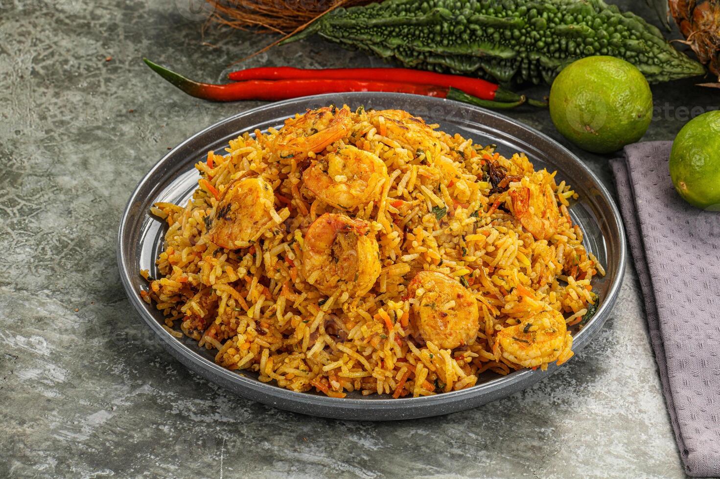 Indian cuisine - Biryani rice with prawn photo