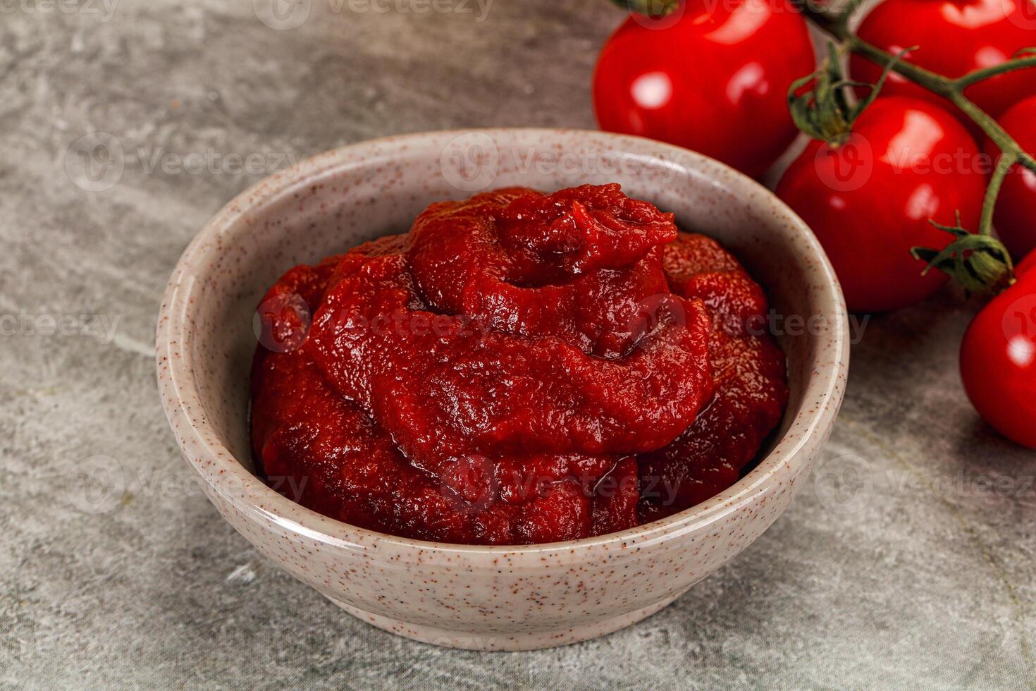Red tomato paste in the bowl photo