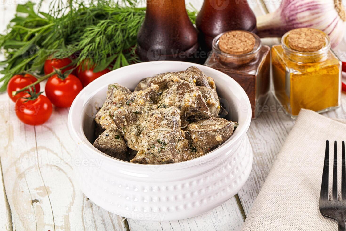Roasted chicken liver with cream photo